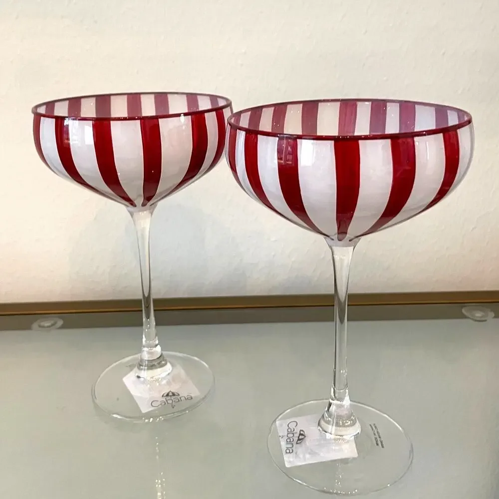Cabana Red Striped Coupe Glasses 8oz Set of 2 NEW